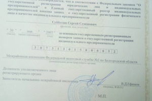Свидетельство индивидуального предпринемателя